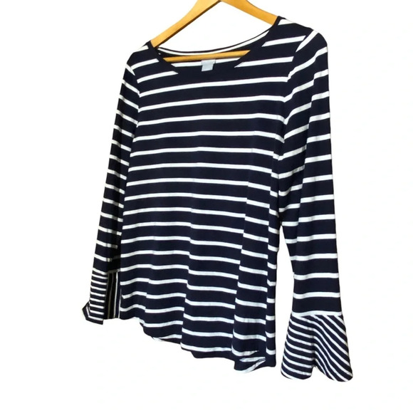 Chico’s Navy Blue White Striped Mini Bell Sleeve Long Sleeve Size 1 ( Medium) - Picture 4 of 6